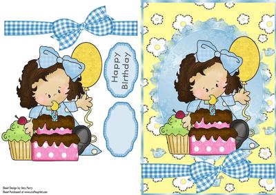Little Girl with Birthday Cake & Balloons