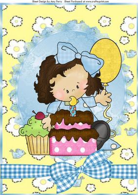 Little Girl with Birthday Cake & Balloons A4