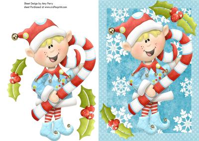 Blue Christmas Elf with Large Candy Cane