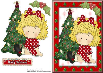 Little Girl in Red Polka Dot Dress with Christmas Tree