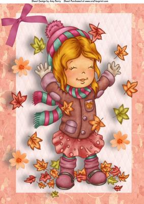 Little Girl Playing in the Autumn Leaves A4
