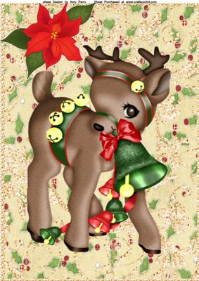 Lovely Brown Reindeer with Festive Bell's A4