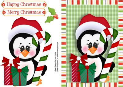 Cute Christmas Penguin with Presents & Candy Cane