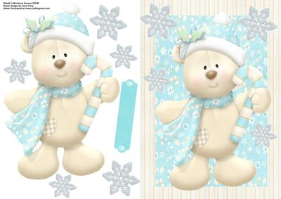 Cute Beige Teddy Bear with Blue & White Candy Cane