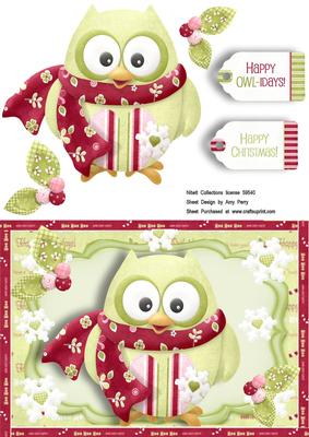 Cute Green Owl with Floral Scarf