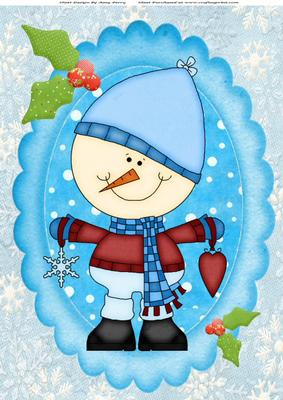 Blue & Red Snowman in Oval Frame A4