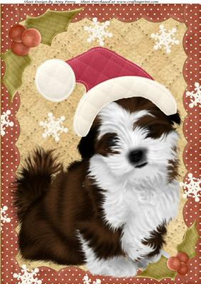 Cute Brown Fuzzy Dog with Santa's Hat A4