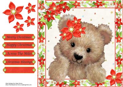 Christmas Teddy Bear with Red Flowers 8x8