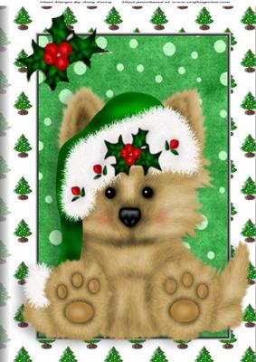 Fluffy Brown Pooch in Green Santa Hat A4
