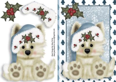 Cute Cream Puppy with Pale Blue Santa Hat