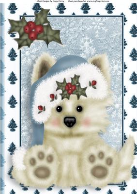Cute Cream Puppy with Pale Blue Santa Hat A4