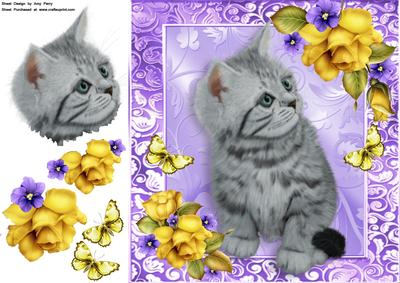Cute Grey Cat with Yellow Roses 8x8