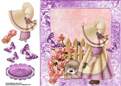 Beautiful Bonnet Girl with Pink Roses 8x8