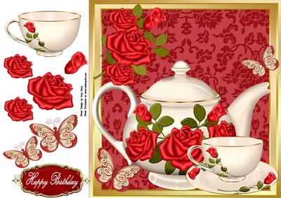 Tea Pot & Tea Cup with Red Roses 8x8