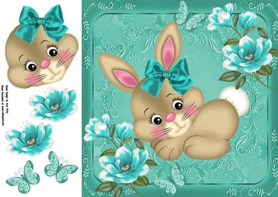 Cute Brown Bunny with Aqua Bow 8x8