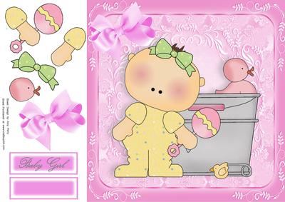 Baby Girl in a Bucket with Rattle & Duck 8x8