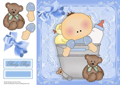 Baby Boy in Bucket with Teddy Bear 8x8