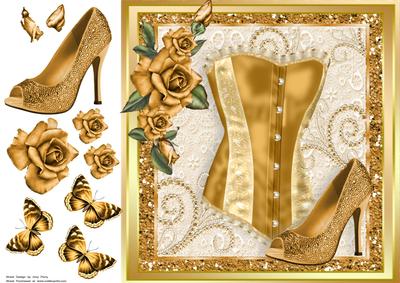 Beautiful Gold Corset, Shoe & Roses 8x8