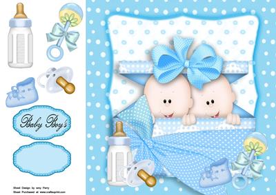 Cute Twin Baby Boys in Blue Polka Dot Box 8x8