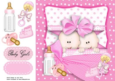 Cute Twin Baby Girls in Pink Polka Dot Box 8x8