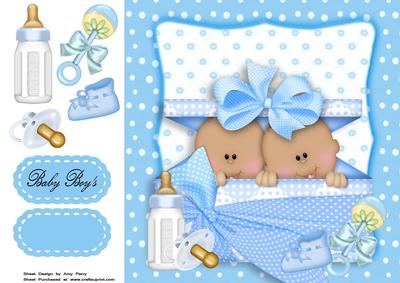 Cute Twin Black Baby Boy's in Blue Polka Dot Box 8x8