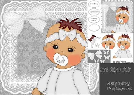 Brown Hair New Baby in White Baby Grow 8x8 Mini Kit