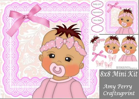 Brown Hair Baby Girl in Pink Baby Grow 8x8 Mini Kit