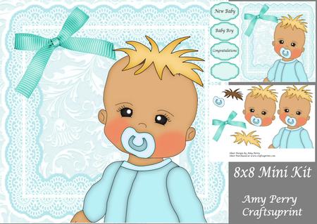 Blonde Hair Baby Boy in Blue Baby Grow 8x8 Mini Kit