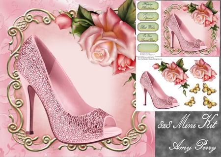 Beautiful Pink Glitz Shoe with Roses 8x8 Mini Kit