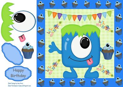 One-eyed Blue Monster with Cupcake 8x8