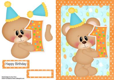 Birthday Bear with Orange Polka Dot Number 1