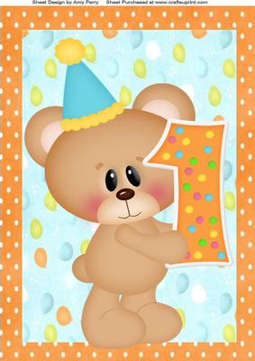 Birthday Bear with Orange Polka Dot Number 1 A4