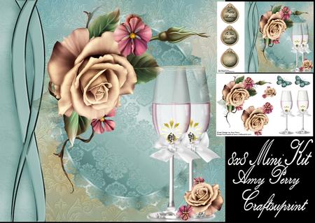 Beautiful Cream Roses with Champagne Glasses 8x8 Mini Kit