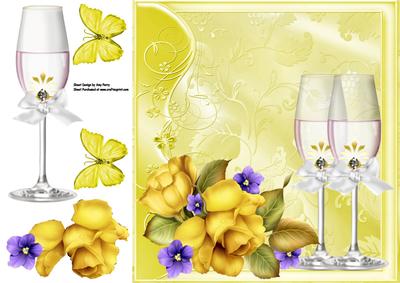 Champagne Glass's with Yellow Roses 8x8