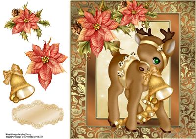 Beautiful Gold Reindeer with Poinsetta 8x8