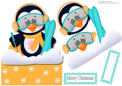 Snowboarding Penguin with Orange Mask Over the Edge