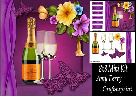 Champagne Bottle & Glass's with Pansy's 8x8 Mini Kit