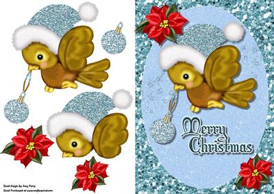 Cute Christmas Bird with Blue Santa Hat