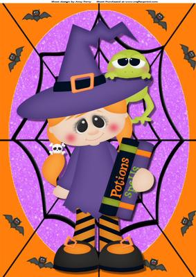 Little Witch in Purple Dress with Orange Stripey Tights A4