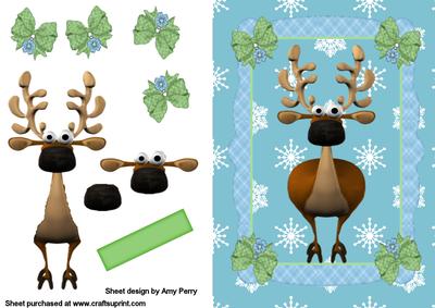 Cute Christmas Reindeer in Blue & Green Frame