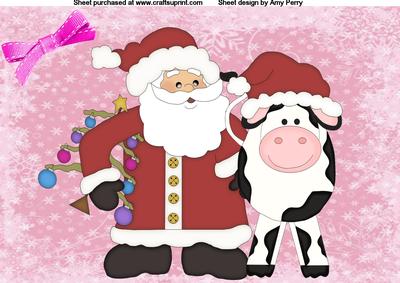 Santa and His Cow on Pink Background