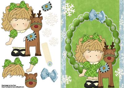 Little Girl in Green Dress with a Reindeer