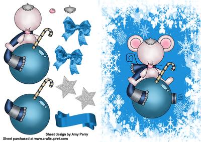 Cute Grey Mouse with Bauble in Blue Snowflake Frame