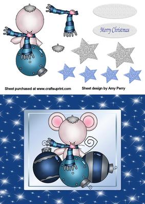 Cute Christmas Mouse with 3 Blue Baubles