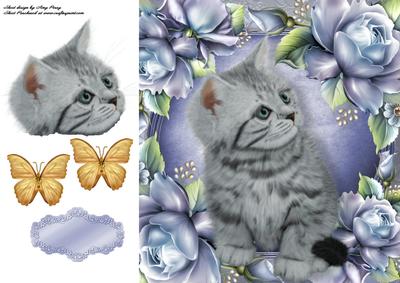 Beautiful Grey Cat in Blue Roses 8x8