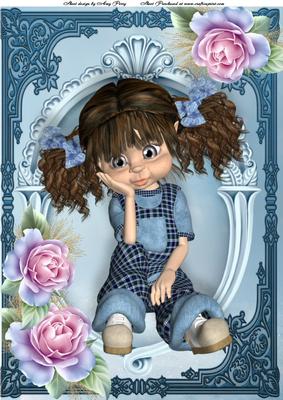 Little Kiki Girl with Blue Frosted Roses A4