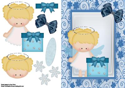 Little Angel with Blue Gift Wrapped Present