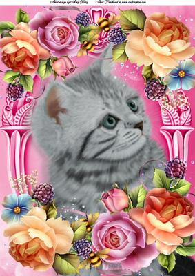 Grey Cat in Lovely Summer Flowers A4