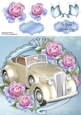 Beautiful Cream Wedding Car with Blue Roses 8x8