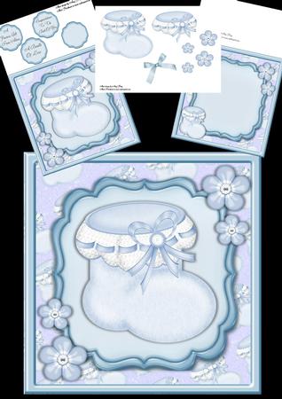 Beautiful Blue Baby Bootie with Flowers 8x8 Mini Kit